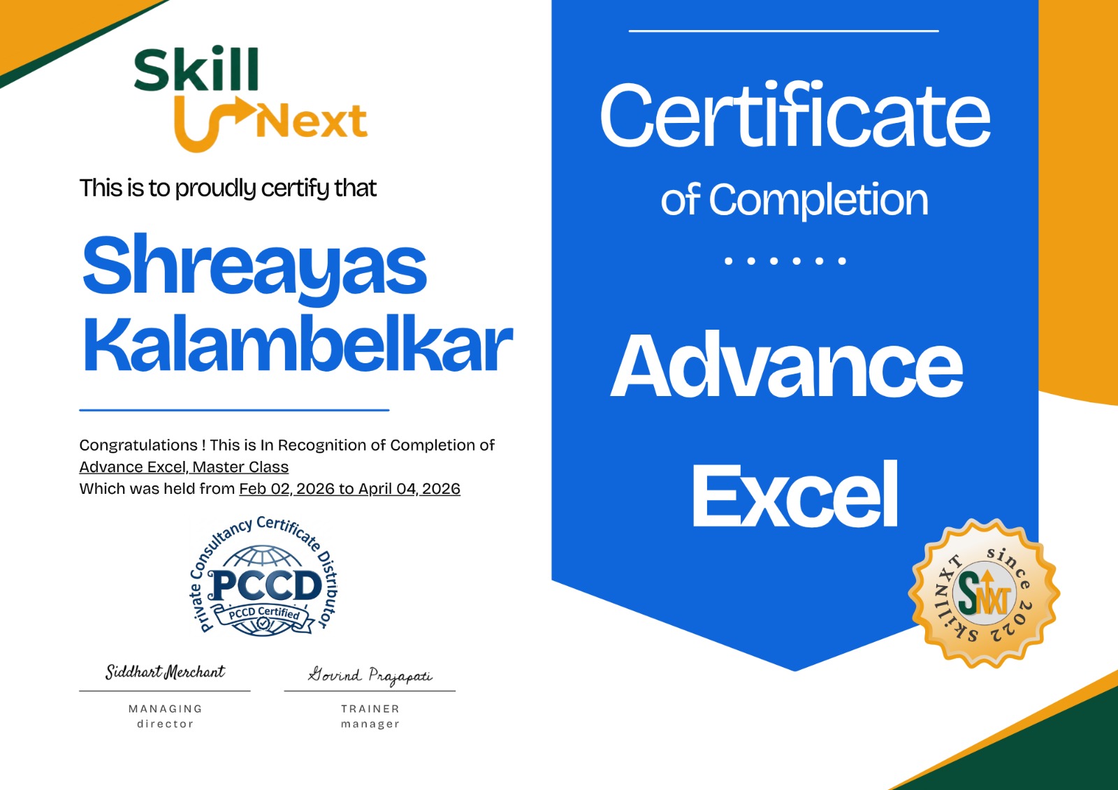 SkillNXT Course Completion Certificate Sample
